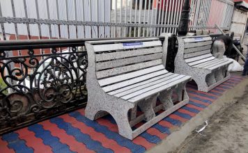 Recycled benches and tiles laid out in Mussoorie