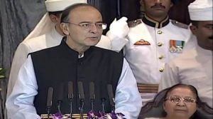 New Delhi: Finance Minister Arun Jaitley addresses the special session of Parliament for the launch of 'Goods and Services Tax (GST)', in New Delhi on Saturday. The GST comes into effect after the midnight. PTI Photo / TV GRAB(PTI6_30_2017_000239B)